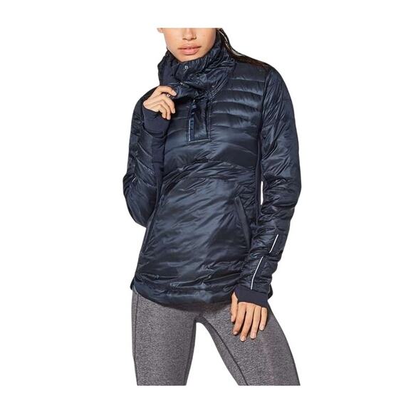 B0 Auth LULULEMON Navy Nylon Pullover Quilted Grey Goose Down Jacket Size 4 - Picture 1 of 8
